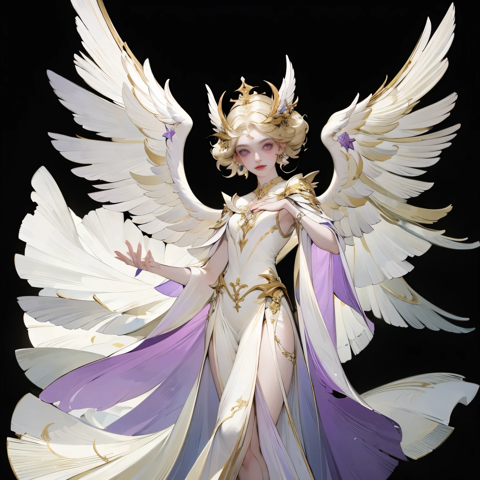 1 full-length portrait of a girl, angelicales, Angel Wings, Gorgeous long dress, Stand on both feet, (((solo))), Clear facial features, simple line design, ((Pure black background)), Tarot card design, Character portrait, ((Flat coating)), (tmasterpiece,Highest quality,Best quality,Ultra-high resolution,Clear facial features,prettyeyes,Pretty Face),blonde,Lilac flower god