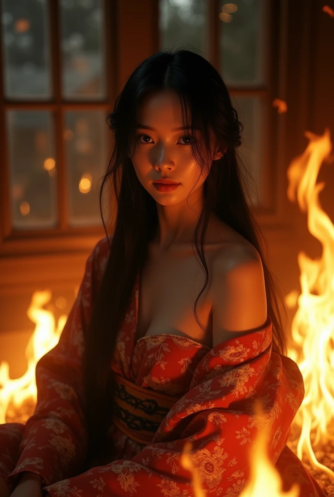 fire, fireplace, flame, candle, sunset, burning, explosion, 1girl, candlelight, torch, black_hair, campfire, molten_rock, orange_sky, long_hair, evening, barefoot, candlestand, lips, solo, lamp, jewelry