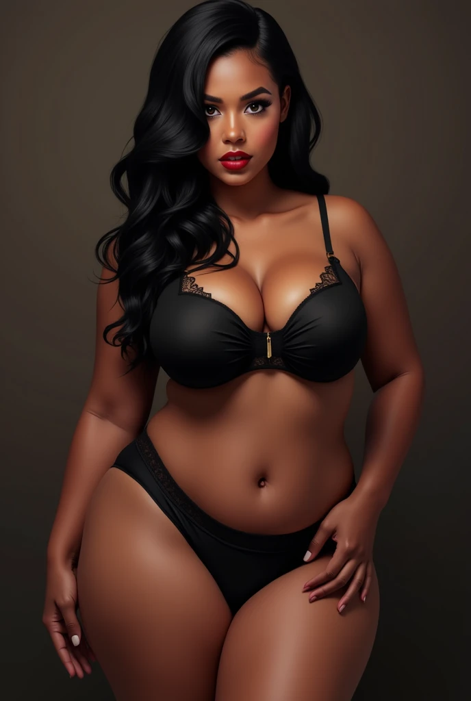 Design a beautiful 30-3 woman with a big body and black hair, design the woman bigger