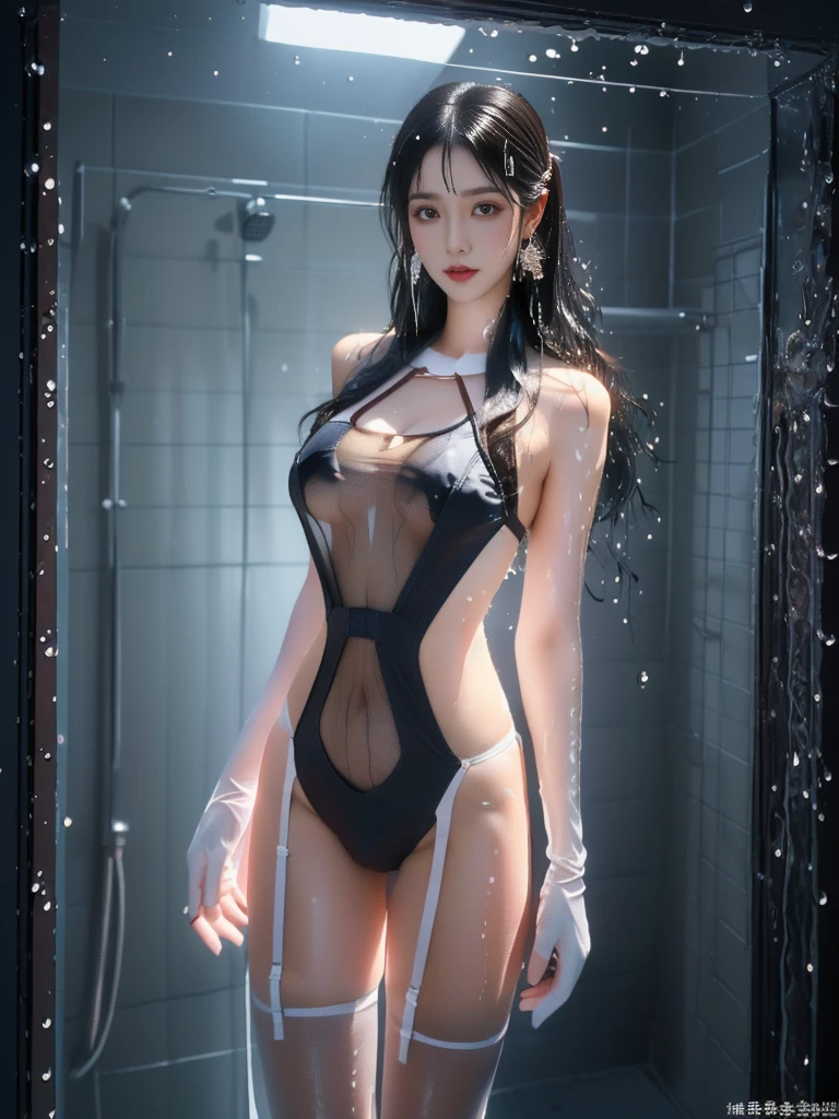 A Chinese girl with a beautiful face, Wearing a slightly see-through swimsuit, No underwear
(((night, Doomsday building ruins, dark bathroom, Shower))), 
((8K Ultra HD, 8K, Ultra-high resolution, best quality, Super Fine, Clear focus. Masterpieces, complete pattern, Ultra HD, Detailed photos, Best image quality，Ultra-clear，Delicate facial features，Well-defined, Highly rated works)), 
((Creating the image of a real girl), Realistic shadows, Soft lighting, Dynamic Angle, Dynamic poses, Elegant Posture, Cowboy lens, Full body front view, Be confident, Facing the camera, Eyes looking towards camera lens, Standing posture, Open your legs slightly, Golden Ratio Graphics, Minimalism, Center the character), 
( Smile, Sexy的, Balanced Eyes, Realistic eyes, eyes in beautiful detail,Pretty Face, (Realistic face), Normal facial features, Realistic skin, Attention to skin details, Skin is clean and radiant, Whitening, Anatomically correct body, Golden ratio figure, Sexy的身材), 
(Perfect makeup, Gloves, earrings, bracelet, necklace, Jewelry, Hair accessories, veil, shawl, sock, Knee socks, 吊garter, Leg ring, garter, 腿部garter), 
((beautiful hair), Deep black hair, Wavy curly hairstyle, Waist-length hair, Messy Hairstyle, Gradient hairstyles, Cyberpunk hairstyle), 
((Transparent clothes: 0), (Revealing clothes: 1.5), (Color of clothes: Dark pink), (Wet clothes:1.5), Wear transparent clothing), 
(Sexy的, Perfect breast shape, Teardrop chest shape, Snow-white breasts, very detailed breasts, 36B cups), 
(Super high waist, Deep V, Low-cut, Sexy, Flattering, Open crotch, (Camel toe, High fork strangulation))