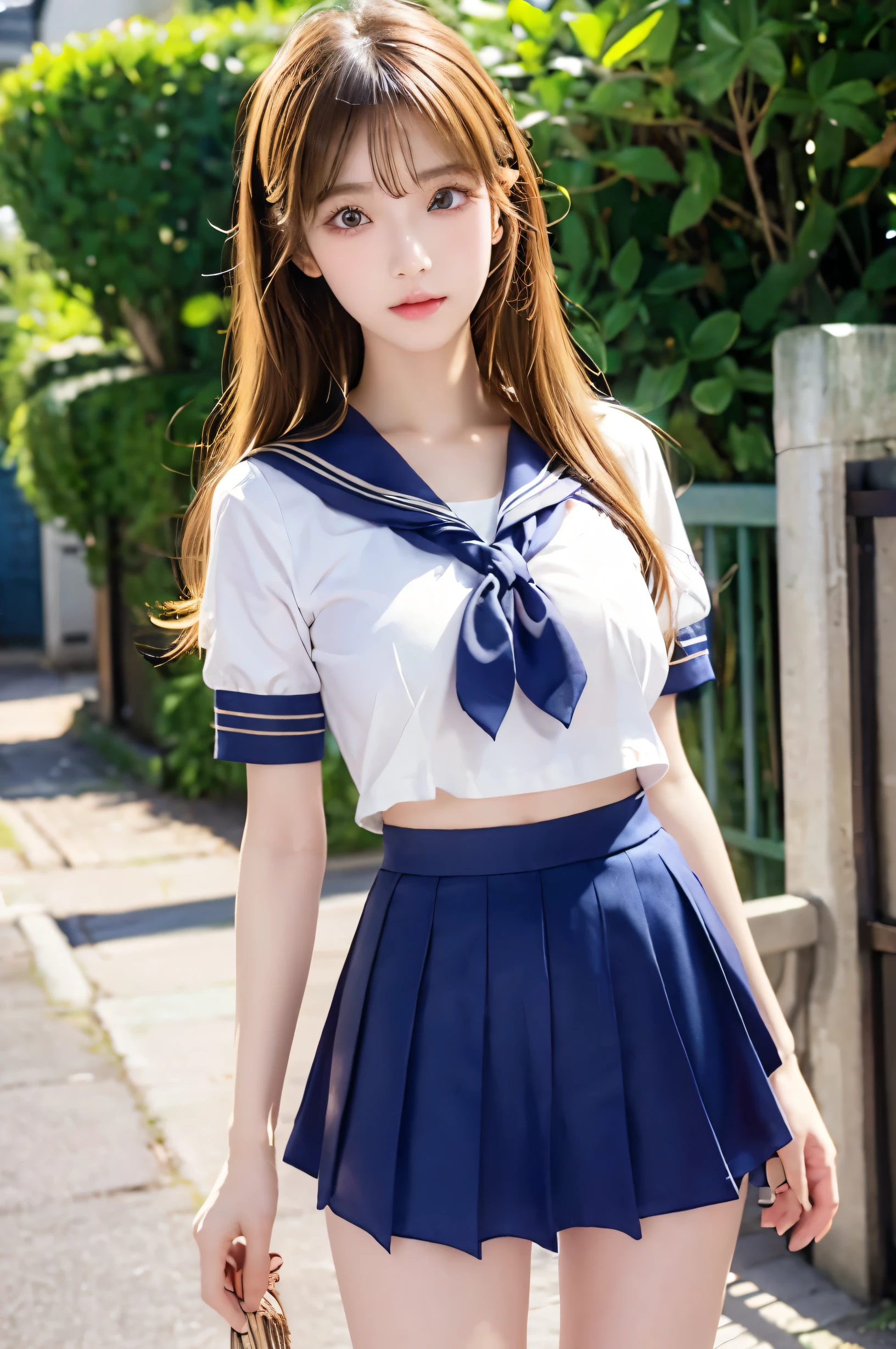 (Ultra HD), (Looking at me), (The whole body is shown), (Short-sleeved sailor uniform, Navy blue mini skirt), Big Breasts, Super beautiful breasts, slender, (Thin legs:1.2), (Thin thighs:1.2), (Thin Hips:1.4), (Beautiful Skin, Shiny skin, White skin), (Super slim face, Super beautiful face, No makeup, Smile:0.6), (Blonde Long Hair, Layered Cut, Fluffy hair), (Big eyes:1.4, High corners of the eyes:1.4, double eyelid), (Thin eyebrows:0.1), (Small Nose:0.6), (Thin lips:0.6), Are standing, In front of the school gate