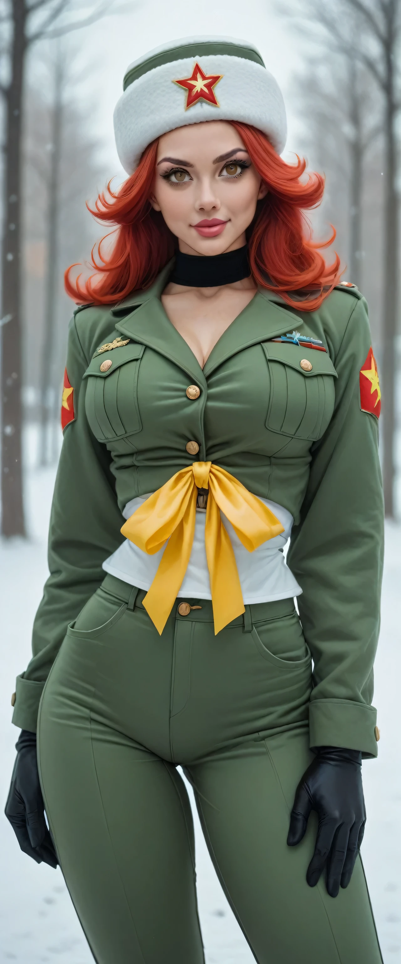 A tall sexy big breasted Soviet Russian military girl with nice friendly happy long smooth red hair her brown eye pink lip wears metallic green top black patch chest waist yellow ribbon and her big metallic green pants thigh sensual big yellow boot wears black Soviet winter cap power to throw hellish core