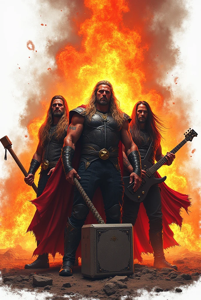 best quality, ultra high resolution, (photorealistic: 1.4), THREE men LONG BLONDE HAIR, a closeup .leather jackets, destruction, heavy metal band promotion, 4k destruction, devastation, destructive, total destruction, smoke and destruction, official art, destruction around you, desolation, demolition, heavy rock band promo photo, city destruction, thrash metal, distortion, massive destruction, destroyed, detonation, robot destruction, cosmic destruction