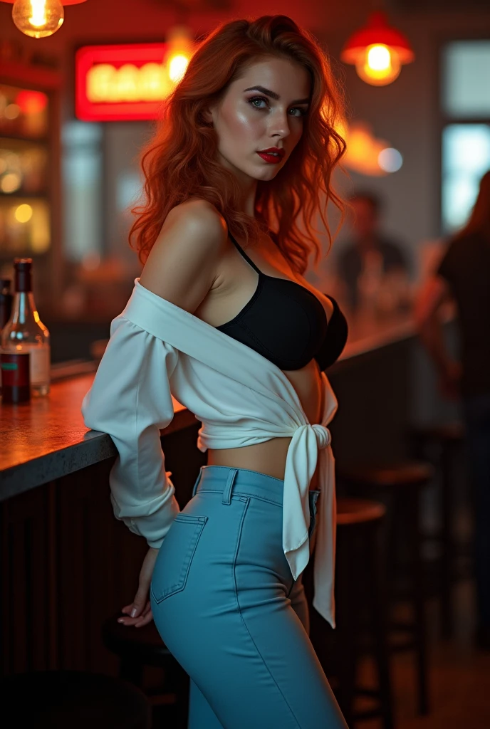 ((night, dark background)), ((A very cute woman gets naked in a nightclub)) ((at the bar)) cocktails, neon, drunk, ((wearing a white open silk shirt: 1.5.)). 4k, photography, masterpiece, best quality, dark gray background, ((1girl blue eyes and beautiful light red hair)) (realistic and beautiful face). A beautiful white woman with big ass, soft medium breasts and white skin, varied poses. ((Medium breasts:1.3)),((Very soft breasts)), Detailed eyes. in a bar. (touching yourself). (naked:1.4), (open button shirt), (transparent:1.2) (sfw), (no panties), (side), crossed legs, front