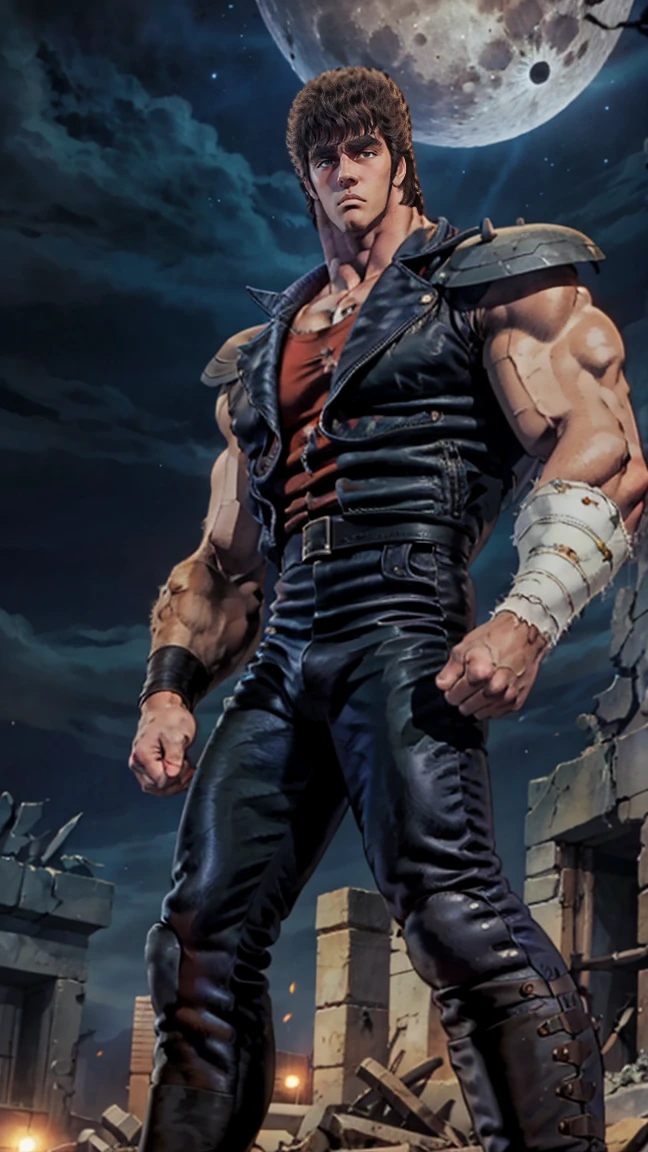 8k images、Realistic、Kenshiro of Fist of the North Star(:1.5)、Muscular、Fearless Face、Bad mood、Clear eyes、look down、Looking down、Blue-black leather jacket、Wear a red undershirt、ruins、strobe、Photograph from the feet up、Fashion model posing、Standing、Intimidation、Giant Moon、Leather boots、