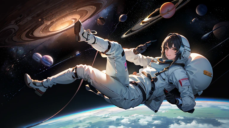 (((A woman doing a spacewalk in outer space))), (((20-year-oldの日本人女性))), Space Station, A boldly drawn illustration of a Japanese woman, as if drawn by a famous anime artist, (((Big hit illustration)), (8k, Highest quality). A stunning composition with outstanding proportions. Perfect beauty, ((Highest quality)), ((masterpiece)), ((Highest qualityのイラスト)), Beautiful woman,Super Resolution,Slim and perfectly proportioned, Beautiful woman, ((Highest quality質, 8k, masterpiece: 1.3)), Beautiful woman, 1 female, Slim figure: 1.1, Perfect beauty, 20-year-old, An artistic composition with space arranged around the woman, Full body photo, Anatomically correct hand, Anatomically correct legs, anatomically correct whole body, Cowboy Shot, (((smile))), thin, A screen composition that places space around the woman, Anatomically correct hand, Anatomically correct legs, anatomically correct whole body, Cowboy Shot, Nipples are protruding,, ((The background is the vast universe)), (((night))), (((Several planets are visible in the distance))), (((Spacewalking in a full-body spacesuit that hides your skin like you&#39;re swimming))), (((Breast size is slim))). (((Slim thighs))).