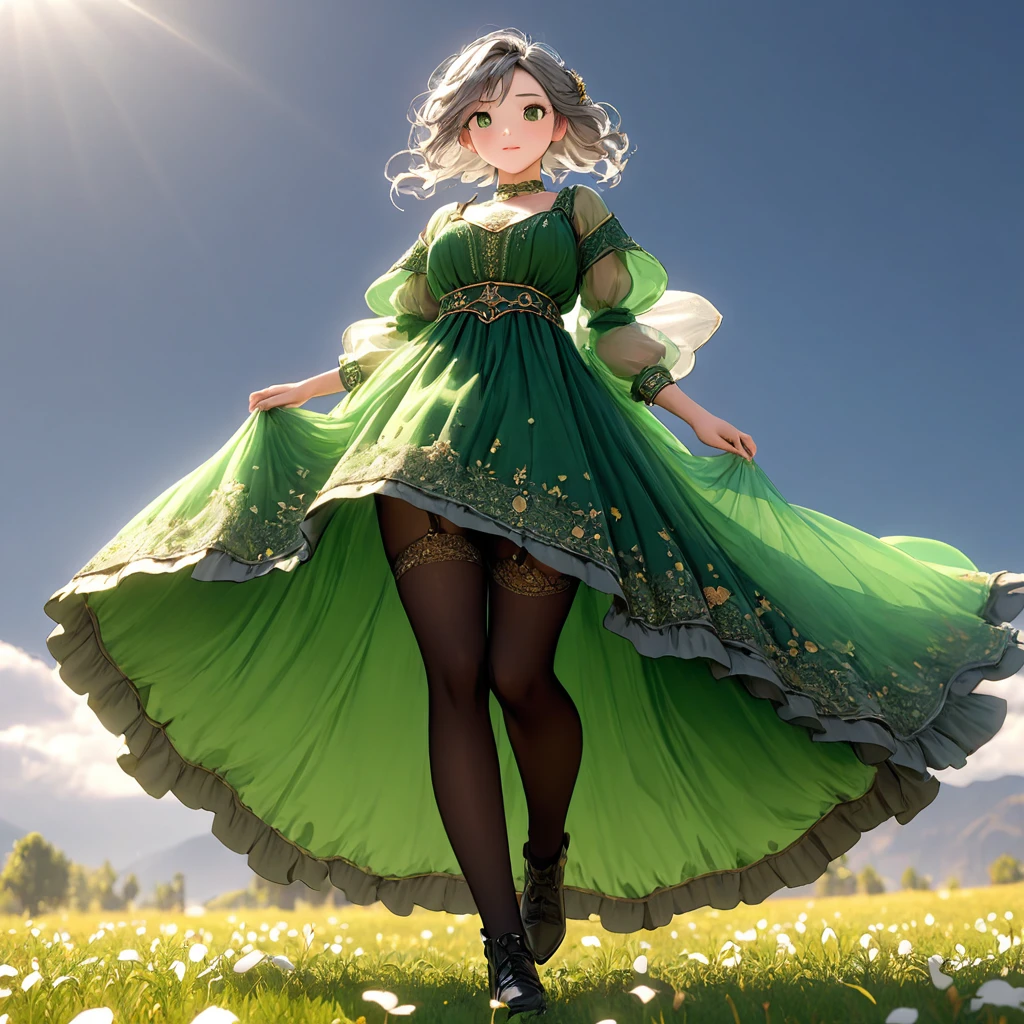 (Highly detailed CG Octane render 8k wallpaper),  Girls Underwear, You can see real bloomers made from cotton fabric.., Medieval green translucent long dress with panniers, Fabric Realism, Low - Angle,  Pull up the dress by hand, Strong winds, Translucent slip, Translucent slip, tights, Highest quality, whole body, I can see your thighs, Silver and gold embroidery