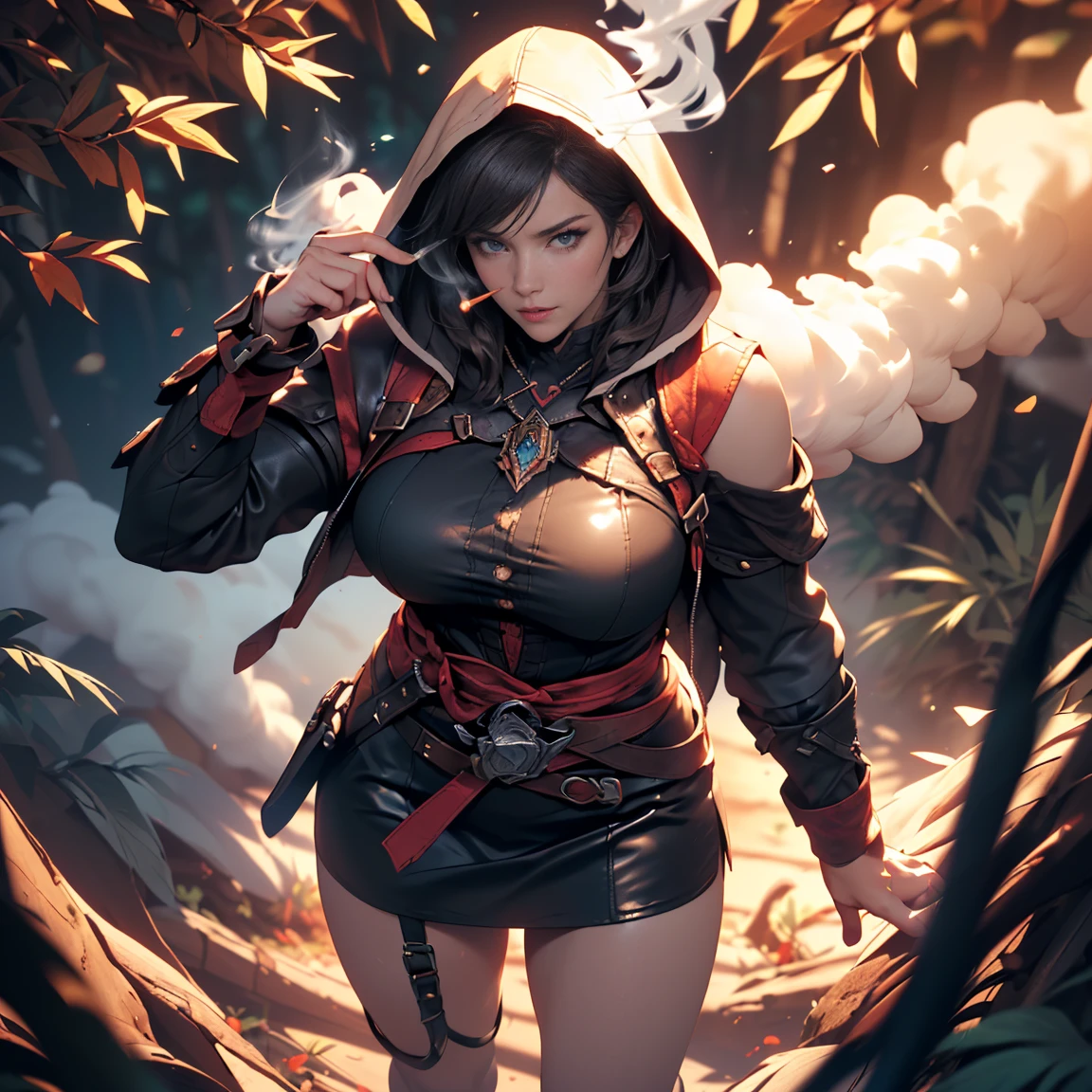a beautiful black woman with two swords in a black and white forest with falling red leaves, samurai art, sunrise piercing through the trees, with iridescent light, highly detailed images, vibrant beautiful colours, photorealistic image, 8k, ultra HD, unreal engine rendered, cinematic lighting, artgerm style,