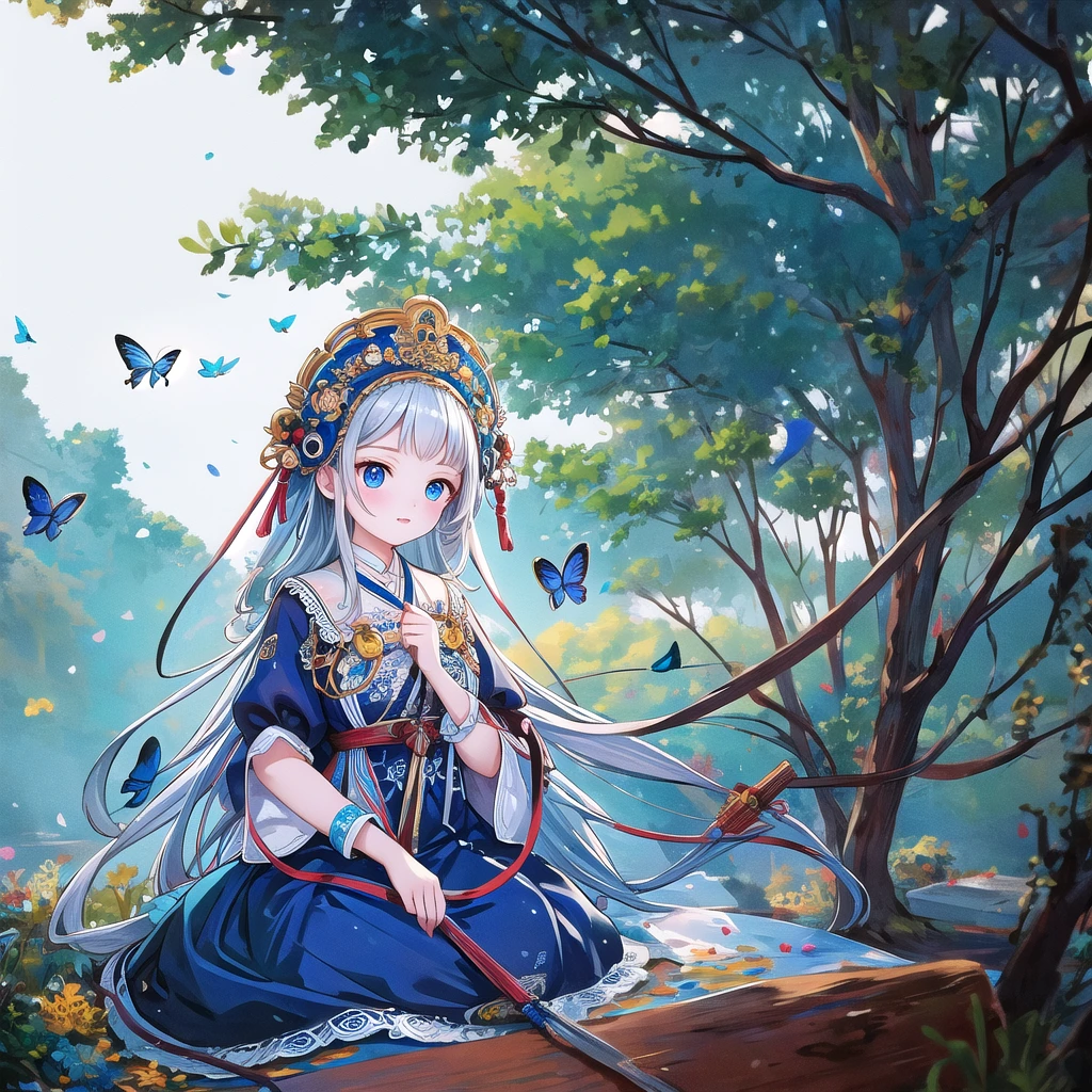 (masterpiece), (best quality), illustration, Super detailed, HDR, Depth of Field, (rich and colorful), ,,This is a masterpiece that exudes exceptional quality. The illustration is ultra-detailed, Using HDR technology to create a sense of depth. The theme is original, Beautifully, and Beautifully artwork, Vivid colors，Full of fantasy elements. Girl sitting on the seashore, surrounded by running water, The background is a dark blue world tree, Located in the cemetery. The tranquil and dreamy atmosphere gives the whole scene a soulful and charming temperament. her pale complexion, Blue eyes sparkling, And silver hair dotted with flowers，It makes for a fascinating portrait. She is wearing ****ta style clothes, Poker face，Mouth tightly shut. Background ranges from white, transparent, Cycle Options, There are also translucent blue butterflies flying around，Adds vitality to the work.