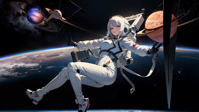 (((A woman doing a spacewalk in outer space))), (((20-year-oldの日本人女性))), Space Station, A boldly drawn illustration of a Japanese woman, as if drawn by a famous anime artist, (((Big hit illustration)), (8k, Highest quality). A stunning composition with outstanding proportions. Perfect beauty, ((Highest quality)), ((masterpiece)), ((Highest qualityのイラスト)), Beautiful woman,Super Resolution,Slim and perfectly proportioned, Beautiful woman, ((Highest quality質, 8k, masterpiece: 1.3)), Beautiful woman, 1 female, Slim figure: 1.1, Perfect beauty, 20-year-old, An artistic composition with space arranged around the woman, Full body photo, Anatomically correct hand, Anatomically correct legs, anatomically correct whole body, Cowboy Shot, (((smile))), thin, A screen composition that places space around the woman, Anatomically correct hand, Anatomically correct legs, anatomically correct whole body, Cowboy Shot, Nipples are protruding,, ((The background is the vast universe)), (((night))), (((Several planets are visible in the distance))), (((Spacewalking in a full-body spacesuit that hides your skin like you&#39;re swimming))), (((Breast size is slim))). (((Slim thighs))).