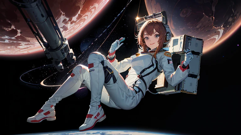 (((A woman doing a spacewalk in outer space))), (((20-year-oldの日本人女性))), Space Station, A boldly drawn illustration of a Japanese woman, as if drawn by a famous anime artist, (((Big hit illustration)), (8k, Highest quality). A stunning composition with outstanding proportions. Perfect beauty, ((Highest quality)), ((masterpiece)), ((Highest qualityのイラスト)), Beautiful woman,Super Resolution,Slim and perfectly proportioned, Beautiful woman, ((Highest quality質, 8k, masterpiece: 1.3)), Beautiful woman, 1 female, Slim figure: 1.1, Perfect beauty, 20-year-old, An artistic composition with space arranged around the woman, Full body photo, Anatomically correct hand, Anatomically correct legs, anatomically correct whole body, Cowboy Shot, (((smile))), thin, A screen composition that places space around the woman, Anatomically correct hand, Anatomically correct legs, anatomically correct whole body, Cowboy Shot, Nipples are protruding,, ((The background is the vast universe)), (((night))), (((Several planets are visible in the distance))), (((Spacewalking in a full-body spacesuit that hides your skin like you&#39;re swimming))), (((Breast size is slim))). (((Slim thighs))).