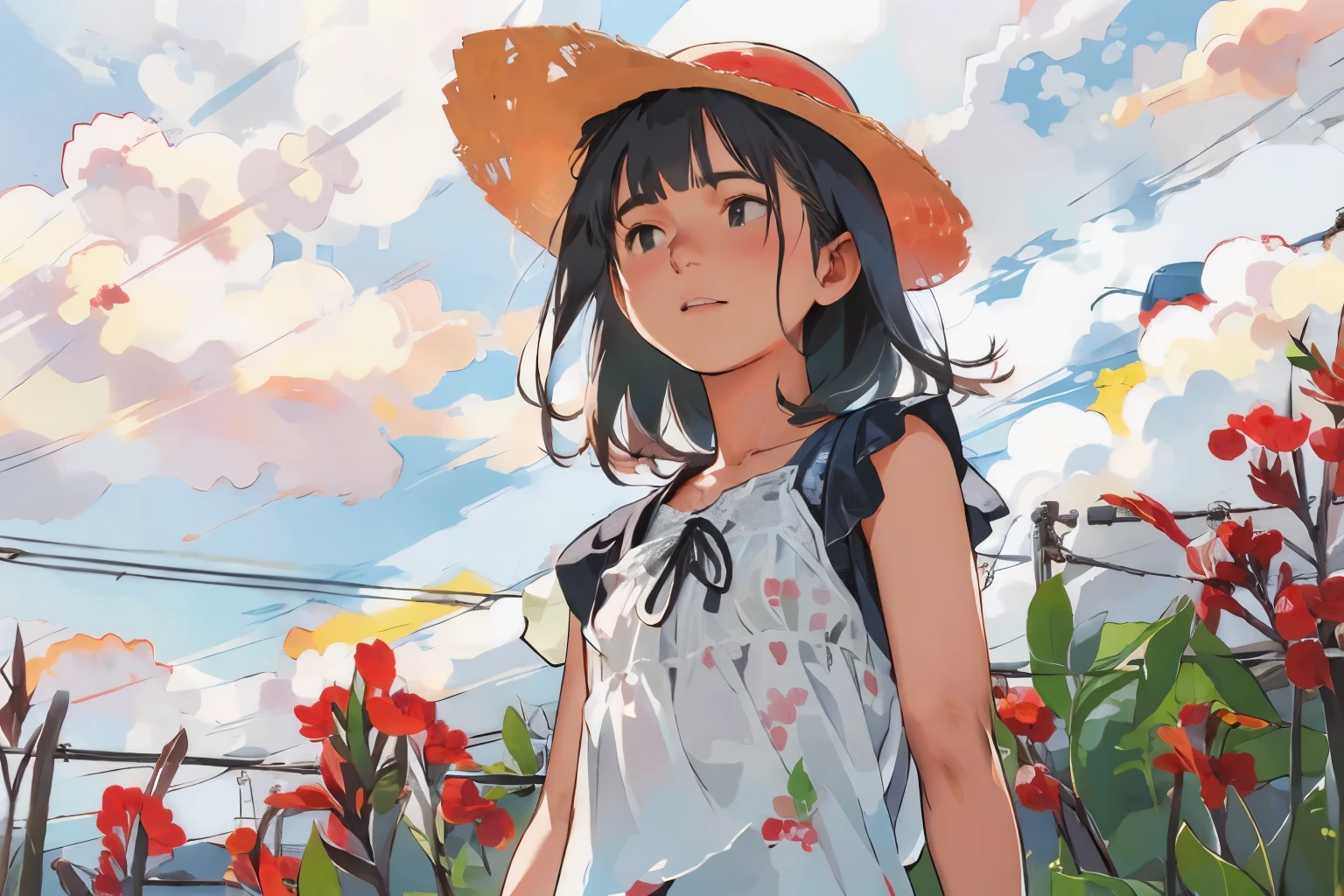 masterpiece, Highest quality,multiple, Three Girls, (At the lighthouse on the cape:1.2)、(Red canna flower)、Black Hair, short hair、Long Hair, Hair ties, hair band, hair ornaments, Straw hat、Shorts, skirt、Dappled daylight、Summer sky、White cloud、Outdoor, nature, wood々、 grassland、countryside、Suburban、