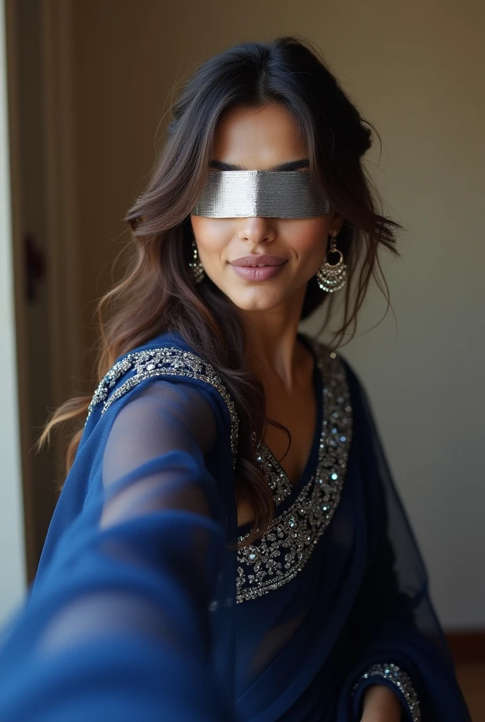 Aesthetic Indian Girl blindfolded Duct tape gagged in sexy silver shimmering prom saree Taking selfie