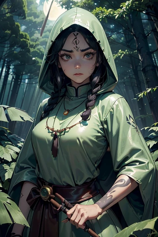 high resolution。Super Real, BC fantasy world、A woman, 40 years old、((Dark green hood on head。)) (((A veteran mercenary and an expert archer.。Carrying a large bow on his back。))) (((A slightly quirky face,The detailed face is a little long, Beautiful eyes in every detail, Sharp eyes and thick eyeliner))) (((Her eyes are pale blue and stare straight into one spot.。Eyebrows are in the shape of a ㇵ。))) (((A tense look。Hiding behind a big tree and assassinating the enemy。He is hiding with a long dagger in his right hand held near his solar plexus.。))) (((For the system, see Yuuka Sawachi.。Broad shoulders and long neck。))) (((Leather tunic and light armor。Deep forest in the moonlight、Good quality, Cinematic imagery,))) (((Very long, tightly braided black hair, Long fluffy eyelashes, Thin eyebrows,))) ((( Dryad tattoo on wide hips, Necklace of the Nature Goddess&#39; Follower,)))  