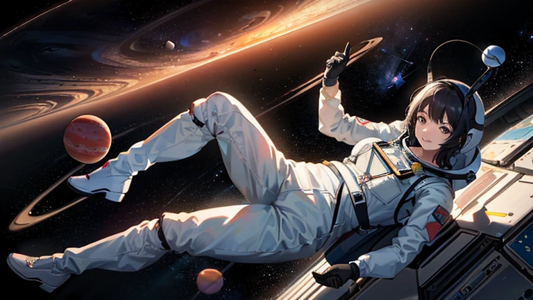 (((A woman doing a spacewalk in outer space))), (((20-year-oldの日本人女性))), Space Station, A boldly drawn illustration of a Japanese woman, as if drawn by a famous anime artist, (((Big hit illustration)), (8k, Highest quality). A stunning composition with outstanding proportions. Perfect beauty, ((Highest quality)), ((masterpiece)), ((Highest qualityのイラスト)), Beautiful woman,Super Resolution,Slim and perfectly proportioned, Beautiful woman, ((Highest quality質, 8k, masterpiece: 1.3)), Beautiful woman, 1 female, Slim figure: 1.1, Perfect beauty, 20-year-old, An artistic composition with space arranged around the woman, Full body photo, Anatomically correct hand, Anatomically correct legs, anatomically correct whole body, Cowboy Shot, (((smile))), thin, A screen composition that places space around the woman, Anatomically correct hand, Anatomically correct legs, anatomically correct whole body, Cowboy Shot, Nipples are protruding,, ((The background is the vast universe)), (((night))), (((Several planets are visible in the distance))), (((Spacewalking in a full-body spacesuit that hides your skin like you&#39;re swimming))), (((Breast size is slim))). (((Slim thighs))).