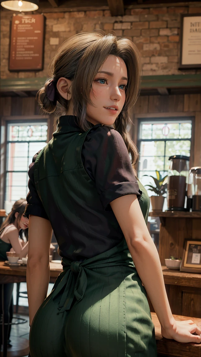 ultra-detailed、(8k、Highest quality、masterpiece:1.2)、(Realism、Realistic:1.37)、Ultra-high resolution、detailed face、(Highest quality)、(masterpiece)、solo,one girl,hight 163cm,(whole body:1.5),Aerith,green eyes,fair skin,(((happy smile:1.5))),looking back,Starbucks、(wearing green apron:1.5),(((wearing black knit:1.5,turtleneck knit)))、skinny pants、Mole、Starbucks Employee、looking back、slender、three size: 88.57.85、location is starbucks cafe,((The interior of the cafe with soft light shining in)), (There are many antique tables and chairs), ((Clock, houseplants, stairs, hanging L lights, (cafe supplies:1.2), shelves with coffee beans)).((reflect))