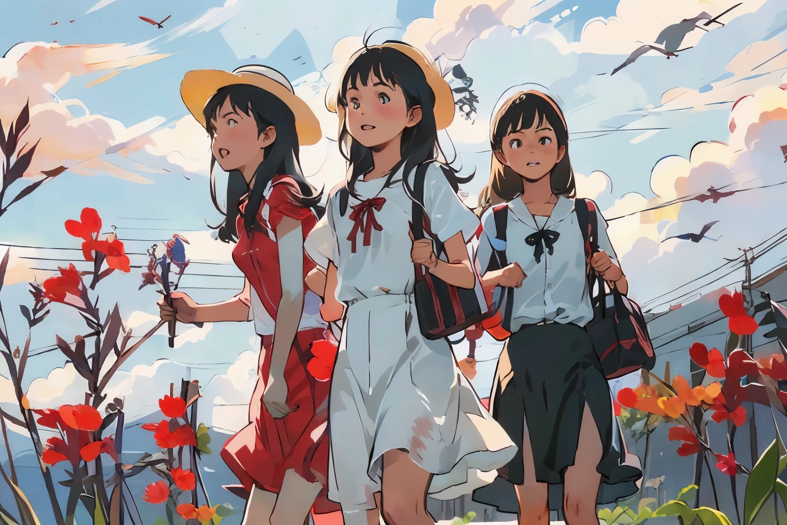 masterpiece, Highest quality,multiple, Three Girls, (At the lighthouse on the cape:1.2)、(Red canna flower)、Black Hair, short hair、Long Hair, Hair ties, hair band, hair ornaments, Straw hat、Shorts, skirt、Dappled daylight、Summer sky、White cloud、Outdoor, nature, wood々、 grassland、countryside、Suburban、