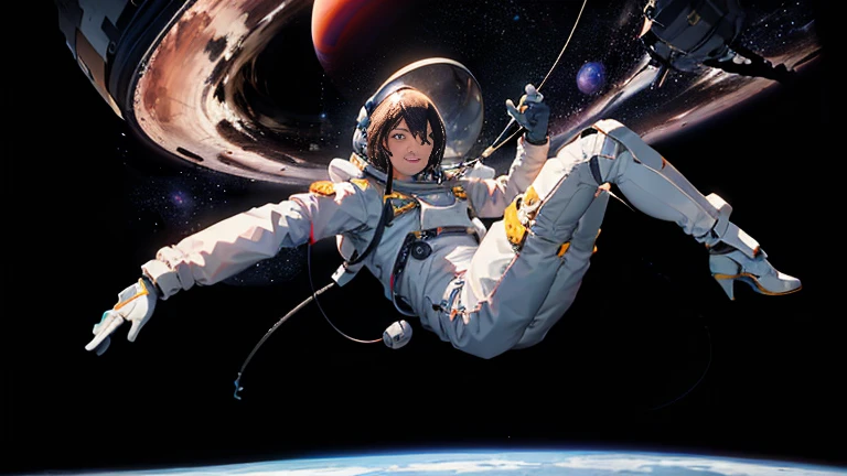 (((A woman doing a spacewalk in outer space))), (((20-year-oldの日本人女性))), Space Station, A boldly drawn illustration of a Japanese woman, as if drawn by a famous anime artist, (((Big hit illustration)), (8k, Highest quality). A stunning composition with outstanding proportions. Perfect beauty, ((Highest quality)), ((masterpiece)), ((Highest qualityのイラスト)), Beautiful woman,Super Resolution,Slim and perfectly proportioned, Beautiful woman, ((Highest quality質, 8k, masterpiece: 1.3)), Beautiful woman, 1 female, Slim figure: 1.1, Perfect beauty, 20-year-old, An artistic composition with space arranged around the woman, Full body photo, Anatomically correct hand, Anatomically correct legs, anatomically correct whole body, Cowboy Shot, (((smile))), thin, A screen composition that places space around the woman, Anatomically correct hand, Anatomically correct legs, anatomically correct whole body, Cowboy Shot, Nipples are protruding,, ((The background is the vast universe)), (((night))), (((Several planets are visible in the distance))), (((Spacewalking in a full-body spacesuit that hides your skin like you&#39;re swimming))), (((Breast size is slim))). (((Slim thighs))).