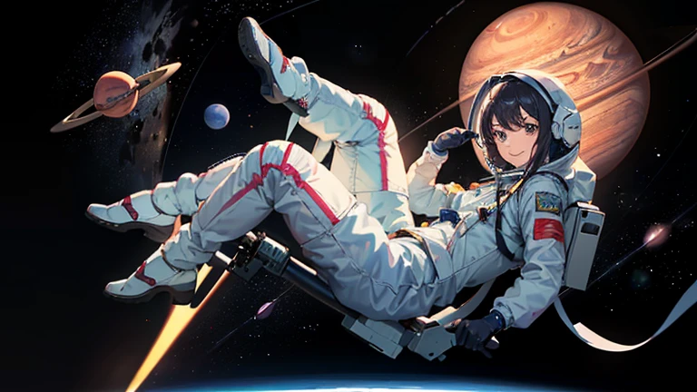 (((A woman doing a spacewalk in outer space))), (((20-year-oldの日本人女性))), Space Station, A boldly drawn illustration of a Japanese woman, as if drawn by a famous anime artist, (((Big hit illustration)), (8k, Highest quality). A stunning composition with outstanding proportions. Perfect beauty, ((Highest quality)), ((masterpiece)), ((Highest qualityのイラスト)), Beautiful woman,Super Resolution,Slim and perfectly proportioned, Beautiful woman, ((Highest quality質, 8k, masterpiece: 1.3)), Beautiful woman, 1 female, Slim figure: 1.1, Perfect beauty, 20-year-old, An artistic composition with space arranged around the woman, Full body photo, Anatomically correct hand, Anatomically correct legs, anatomically correct whole body, Cowboy Shot, (((smile))), thin, A screen composition that places space around the woman, Anatomically correct hand, Anatomically correct legs, anatomically correct whole body, Cowboy Shot, Nipples are protruding,, ((The background is the vast universe)), (((night))), (((Several planets are visible in the distance))), (((Spacewalking in a full-body spacesuit that hides your skin like you&#39;re swimming))), (((Breast size is slim))). (((Slim thighs))).