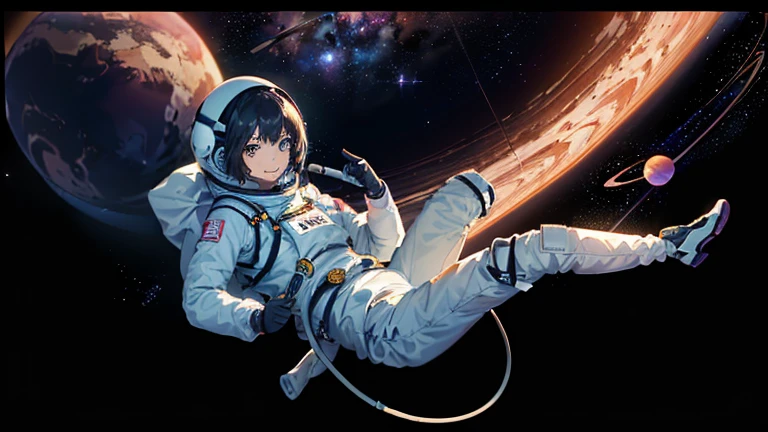 (((A woman doing a spacewalk in outer space))), (((20-year-oldの日本人女性))), Space Station, A boldly drawn illustration of a Japanese woman, as if drawn by a famous anime artist, (((Big hit illustration)), (8k, Highest quality). A stunning composition with outstanding proportions. Perfect beauty, ((Highest quality)), ((masterpiece)), ((Highest qualityのイラスト)), Beautiful woman,Super Resolution,Slim and perfectly proportioned, Beautiful woman, ((Highest quality質, 8k, masterpiece: 1.3)), Beautiful woman, 1 female, Slim figure: 1.1, Perfect beauty, 20-year-old, An artistic composition with space arranged around the woman, Full body photo, Anatomically correct hand, Anatomically correct legs, anatomically correct whole body, Cowboy Shot, (((smile))), thin, A screen composition that places space around the woman, Anatomically correct hand, Anatomically correct legs, anatomically correct whole body, Cowboy Shot, Nipples are protruding,, ((The background is the vast universe)), (((night))), (((Several planets are visible in the distance))), (((Spacewalking in a full-body spacesuit that hides your skin like you&#39;re swimming))), (((Breast size is slim))). (((Slim thighs))).