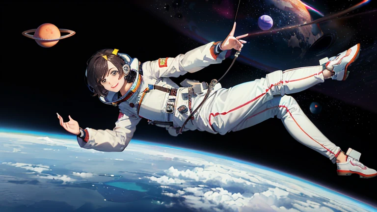 (((A woman doing a spacewalk in outer space))), (((20-year-oldの日本人女性))), Space Station, A boldly drawn illustration of a Japanese woman, as if drawn by a famous anime artist, (((Big hit illustration)), (8k, Highest quality). A stunning composition with outstanding proportions. Perfect beauty, ((Highest quality)), ((masterpiece)), ((Highest qualityのイラスト)), Beautiful woman,Super Resolution,Slim and perfectly proportioned, Beautiful woman, ((Highest quality質, 8k, masterpiece: 1.3)), Beautiful woman, 1 female, Slim figure: 1.1, Perfect beauty, 20-year-old, An artistic composition with space arranged around the woman, Full body photo, Anatomically correct hand, Anatomically correct legs, anatomically correct whole body, Cowboy Shot, (((smile))), thin, A screen composition that places space around the woman, Anatomically correct hand, Anatomically correct legs, anatomically correct whole body, Cowboy Shot, Nipples are protruding,, ((The background is the vast universe)), (((night))), (((Several planets are visible in the distance))), (((Spacewalking in a full-body spacesuit that hides your skin like you&#39;re swimming))), (((Breast size is slim))). (((Slim thighs))).