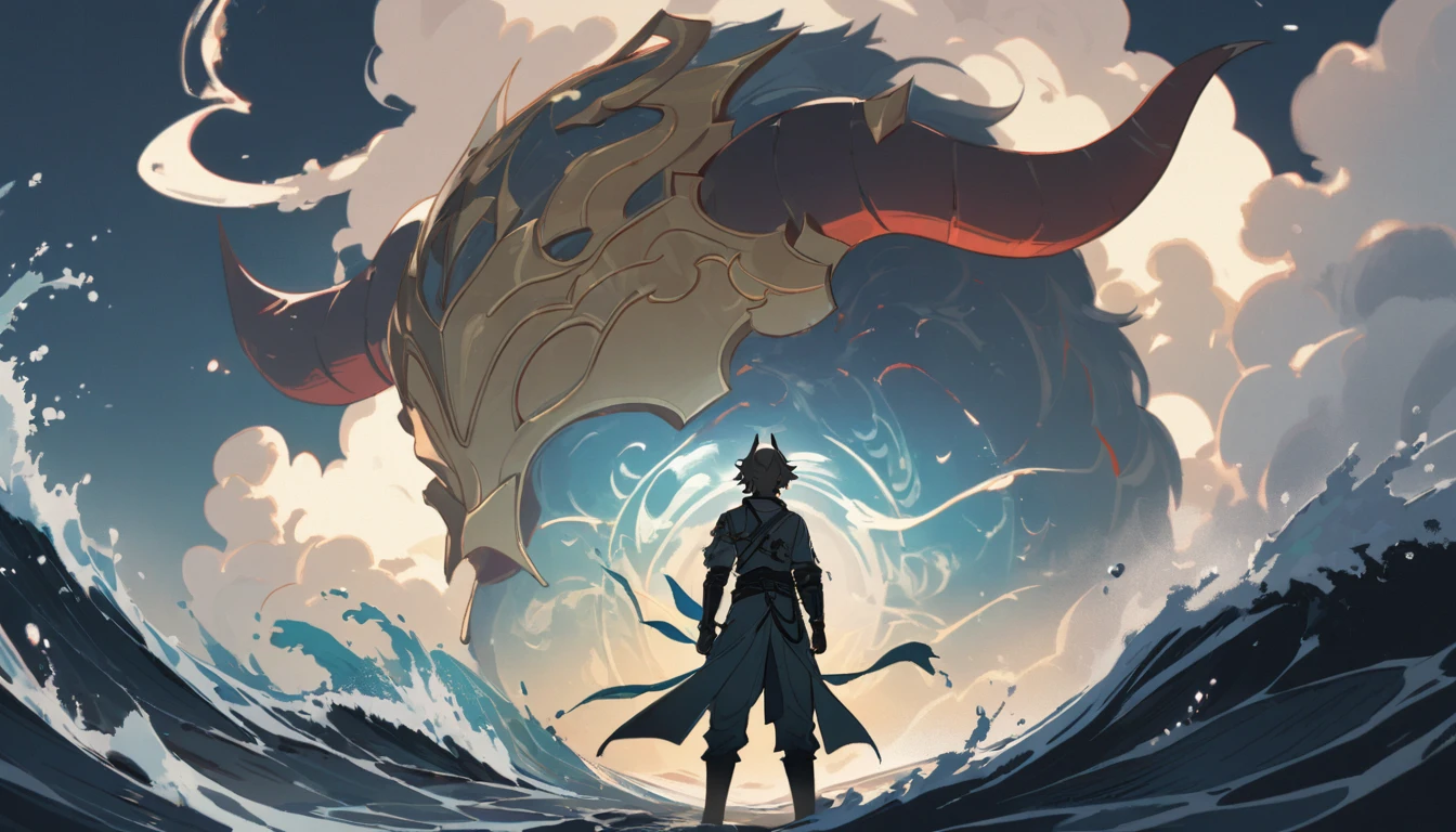 1boy, adult, chinese style, vidyadhara, front view, floating, centered, silhouette, shapes, commanding waves, water powers, water, waves, clouds, flat vector, outlines, honkai star rail, horns, elf ears, silhouette, illuminating the sky, hd, vector, illustrated, hd, 4k detailed, high quality, artistic,