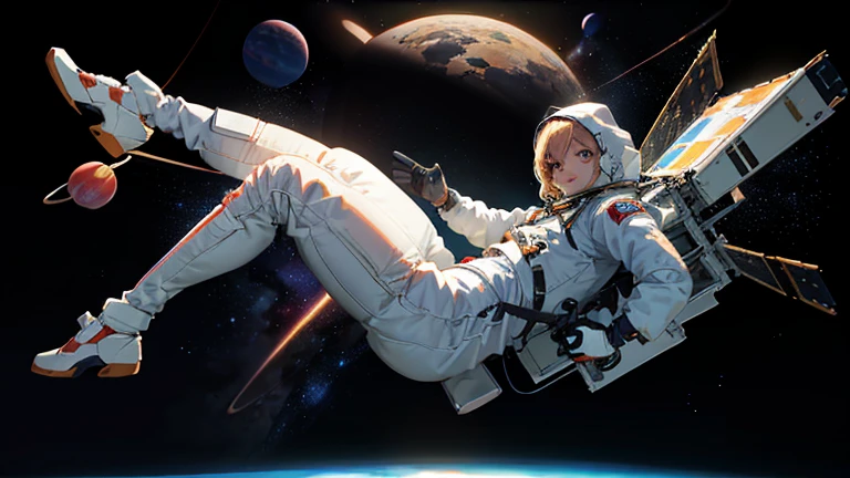 (((A woman doing a spacewalk in outer space))), (((20-year-oldの日本人女性))), Space Station, A boldly drawn illustration of a Japanese woman, as if drawn by a famous anime artist, (((Big hit illustration)), (8k, Highest quality). A stunning composition with outstanding proportions. Perfect beauty, ((Highest quality)), ((masterpiece)), ((Highest qualityのイラスト)), Beautiful woman,Super Resolution,Slim and perfectly proportioned, Beautiful woman, ((Highest quality質, 8k, masterpiece: 1.3)), Beautiful woman, 1 female, Slim figure: 1.1, Perfect beauty, 20-year-old, An artistic composition with space arranged around the woman, Full body photo, Anatomically correct hand, Anatomically correct legs, anatomically correct whole body, Cowboy Shot, (((smile))), thin, A screen composition that places space around the woman, Anatomically correct hand, Anatomically correct legs, anatomically correct whole body, Cowboy Shot, Nipples are protruding,, ((The background is the vast universe)), (((night))), (((Several planets are visible in the distance))), (((Spacewalking in a full-body spacesuit that hides your skin like you&#39;re swimming))), (((Breast size is slim))). (((Slim thighs))).