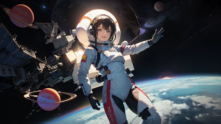 (((A woman doing a spacewalk in outer space))), (((20-year-oldの日本人女性))), Space Station, A boldly drawn illustration of a Japanese woman, as if drawn by a famous anime artist, (((Big hit illustration)), (8k, Highest quality). A stunning composition with outstanding proportions. Perfect beauty, ((Highest quality)), ((masterpiece)), ((Highest qualityのイラスト)), Beautiful woman,Super Resolution,Slim and perfectly proportioned, Beautiful woman, ((Highest quality質, 8k, masterpiece: 1.3)), Beautiful woman, 1 female, Slim figure: 1.1, Perfect beauty, 20-year-old, An artistic composition with space arranged around the woman, Full body photo, Anatomically correct hand, Anatomically correct legs, anatomically correct whole body, Cowboy Shot, (((smile))), thin, A screen composition that places space around the woman, Anatomically correct hand, Anatomically correct legs, anatomically correct whole body, Cowboy Shot, Nipples are protruding,, ((The background is the vast universe)), (((night))), (((Several planets are visible in the distance))), (((Spacewalking in a full-body spacesuit that hides your skin like you&#39;re swimming))), (((Breast size is slim))). (((Slim thighs))).