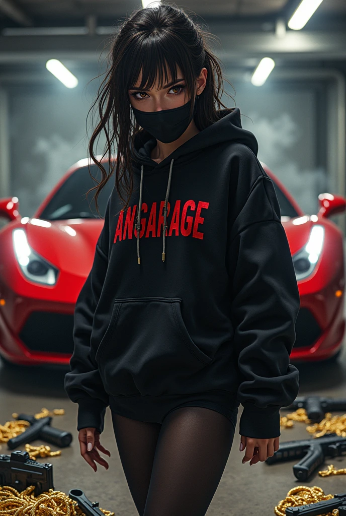 Gangsta girl with black bandana,hoodie with angarage text,bmws in background,angarage text on wall,bmw m8,3d,angarage text of hoodie