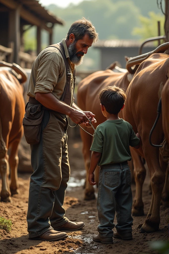 A child wears a white undershirt,Hold a whip to herd cattle