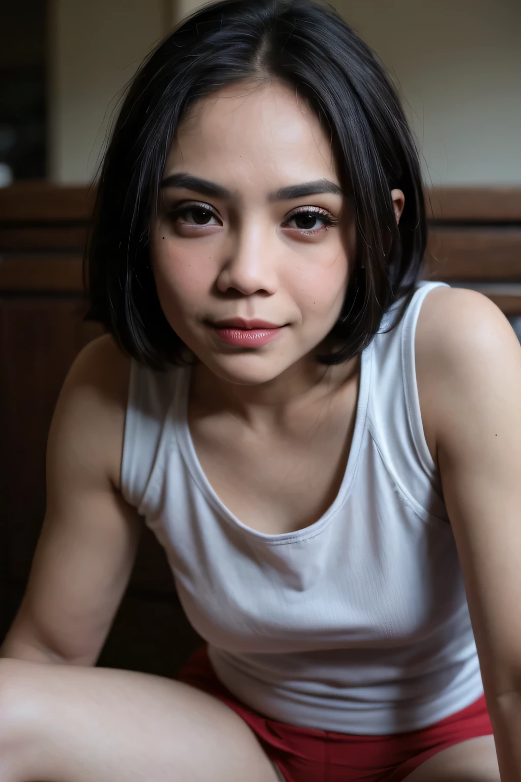 a white woman with short black hair, brown eyes, a beautiful face with slightly pink cheeks and a sweet look, with red lips, doing squats with hands on face