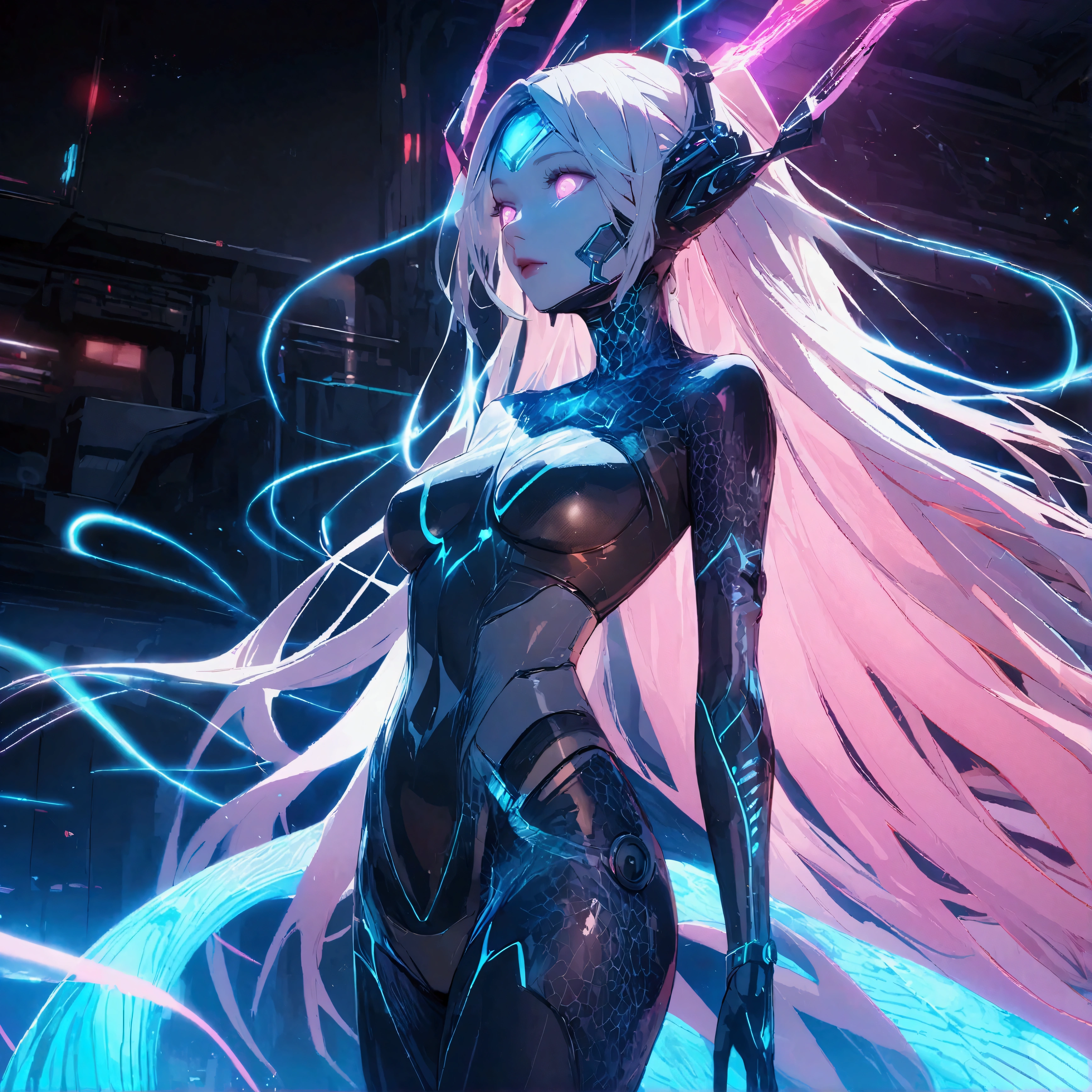 ((detailed), high_quality, master_quality, (realistic), (back), wet, 8k, masterpiece, (Tokarev), silver_hair, long_hair, red_eyes, sexy, slim_figure, (fortified_suit), bodysuit, (Cryska Barchenowa), high_heels, pistol_on_th_hip, dynamic_lightning, villain
