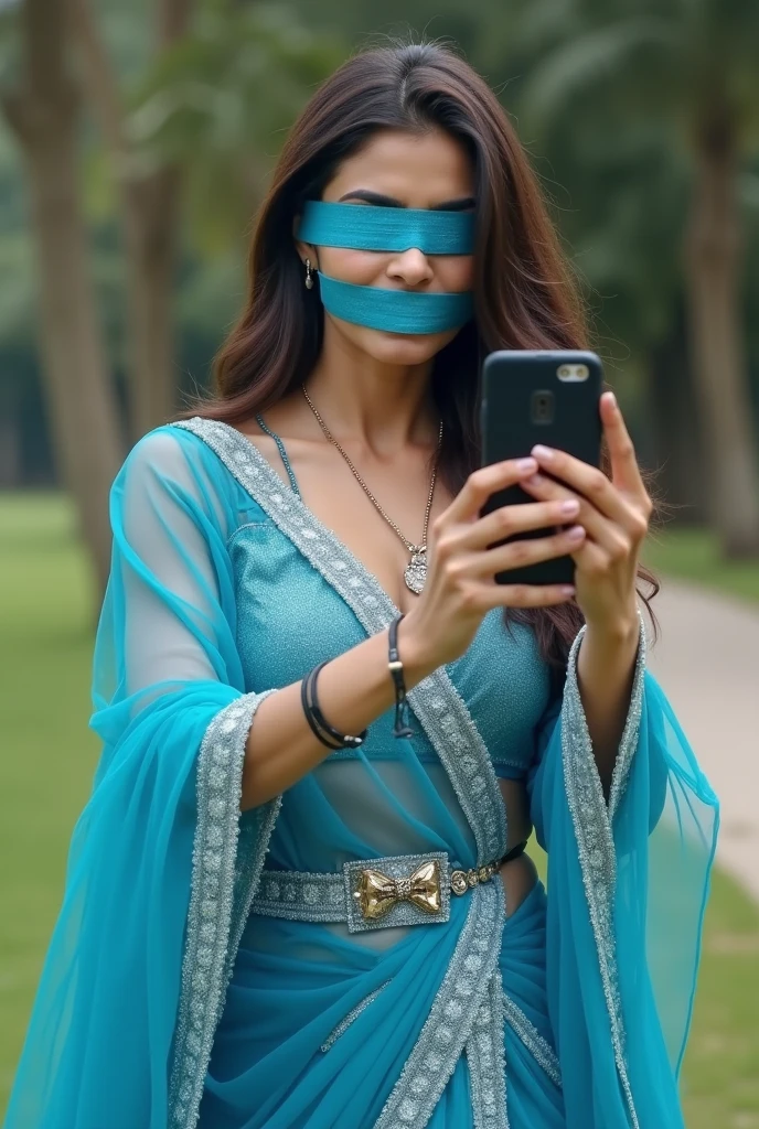 Aesthetic girl blindfolded gagged in blue shimmering saree taking selfie