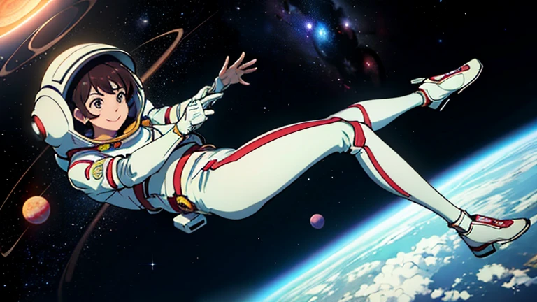 (((A woman doing a spacewalk in outer space))), (((20-year-oldの日本人女性))), Space Station, A boldly drawn illustration of a Japanese woman, as if drawn by a famous anime artist, (((Big hit illustration)), (8k, Highest quality). A stunning composition with outstanding proportions. Perfect beauty, ((Highest quality)), ((masterpiece)), ((Highest qualityのイラスト)), Beautiful woman,Super Resolution,Slim and perfectly proportioned, Beautiful woman, ((Highest quality質, 8k, masterpiece: 1.3)), Beautiful woman, 1 female, Slim figure: 1.1, Perfect beauty, 20-year-old, An artistic composition with space arranged around the woman, Full body photo, Anatomically correct hand, Anatomically correct legs, anatomically correct whole body, Cowboy Shot, (((smile))), thin, A screen composition that places space around the woman, Anatomically correct hand, Anatomically correct legs, anatomically correct whole body, Cowboy Shot, Nipples are protruding,, ((The background is the vast universe)), (((night))), (((Several planets are visible in the distance))), (((Spacewalking in a full-body spacesuit that hides your skin like you&#39;re swimming))), (((Breast size is slim))). (((Slim thighs))).