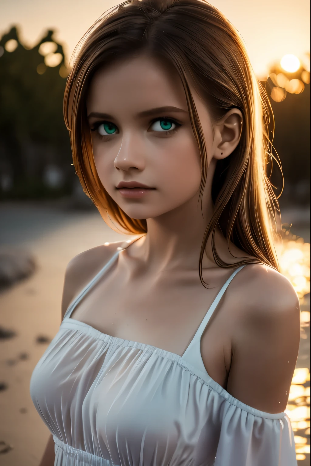 Best Quality, Masterpiece, Ultra High Resolution, (Realism: 1.4), Original Photo, egirl, Green Eyes, Off-the-Shoulders, Cinematic Lighting, brown Hair, At Sunset