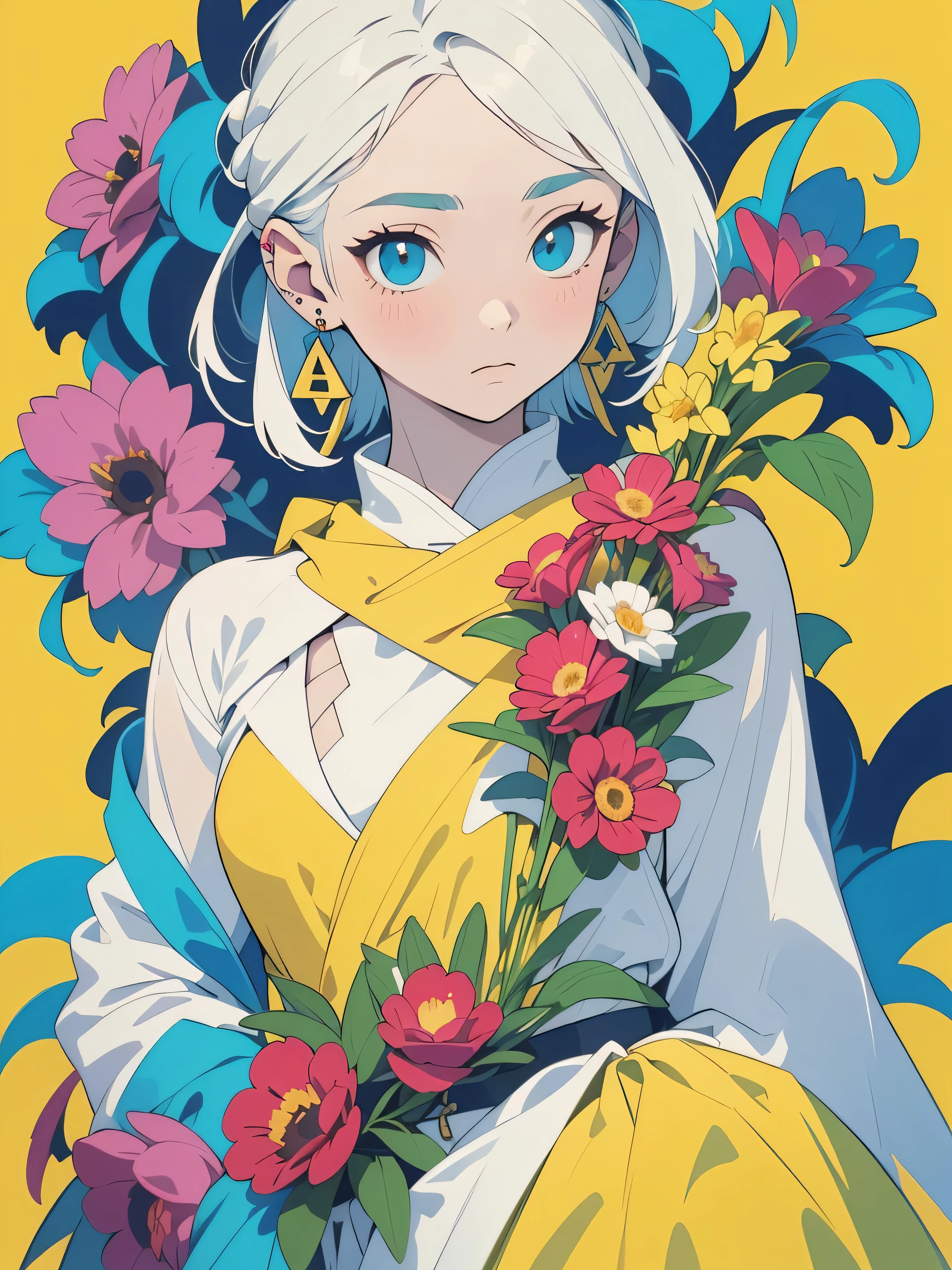 32K, highest quality, highest masterpiece, (ultra-Detailed Background, Detailed Background), High resolution, Super detailed, Very detailed, 1 person's, (bouquet:1.3), (Tangled:1.2), (Geometric:1.2), (colorful),(masterpiece, quality, best quality, Official Art, Beautiful and beautiful:1.2), (1 person:1.3), Very detailed,(colorful:1.1)(Flowers:1.3),Most detailed,(Tangled:1.2 ), whole body, (Abstract background:1.3), (Skin glows), (Many colors:1.4), ,(Earrings Jewelry:1.5), Pale yellow background, It's imaginative., Milk tea colored hair, Updo,(perfect anatomy:1.4),(Beauty of form:1.4) ,