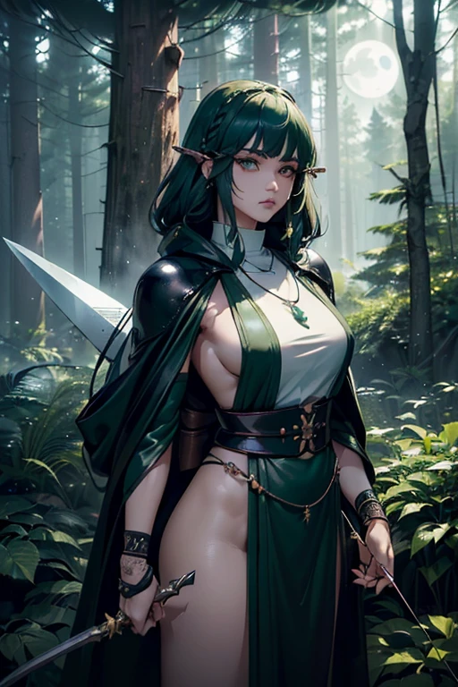 high resolution。Super Real, BC fantasy world、A woman, 40 years old、((Dark green hood on head。)) (((A veteran mercenary and an expert archer.。Carrying a large bow on his back。))) (((A slightly quirky face,The detailed face is a little long, Beautiful eyes in every detail, Sharp eyes and thick eyeliner))) (((Her eyes are pale blue and stare straight into one spot.。Eyebrows are in the shape of a ㇵ。))) (((A tense look。Hiding behind a big tree and assassinating the enemy。He holds a long dagger in his right hand and waits.。))) (((For the system, see Yuuka Sawachi.。Broad shoulders and long neck。))) (((Leather tunic and light armor。Deep forest in the moonlight、Good quality, Cinematic imagery,))) (((Very long, tightly braided black hair, Long fluffy eyelashes, Thin eyebrows,))) ((( Dryad tattoo on wide hips, Necklace of the Nature Goddess&#39; Follower,)))