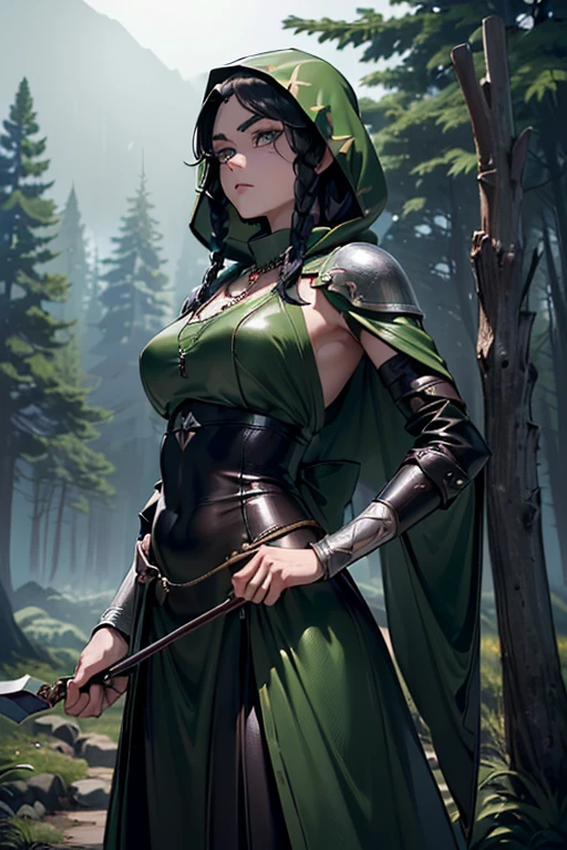 high resolution。Super Real, BC fantasy world、A woman, 40 years old、((Dark green hood on head。)) (((A veteran mercenary and an expert archer.。Carrying a large bow on his back。))) (((A slightly quirky face,The detailed face is a little long, Beautiful eyes in every detail, Sharp eyes and thick eyeliner))) (((Her eyes are pale blue and stare straight into one spot.。Eyebrows are in the shape of a ㇵ。))) (((A tense look。Hiding behind a big tree and assassinating the enemy。He holds a long dagger in his right hand and waits.。))) (((For the system, see Yuuka Sawachi.。Broad shoulders and long neck。))) (((Leather tunic and light armor。Deep forest in the moonlight、Good quality, Cinematic imagery,))) (((Very long, tightly braided black hair, Long fluffy eyelashes, Thin eyebrows,))) ((( Dryad tattoo on wide hips, Necklace of the Nature Goddess&#39; Follower,)))