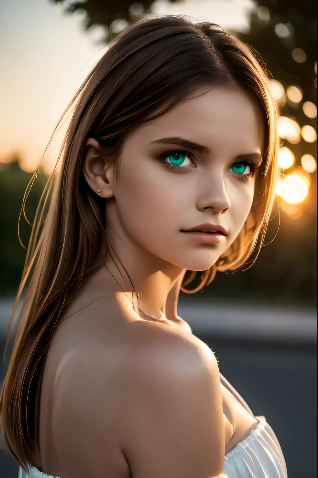 Best Quality, Masterpiece, Ultra High Resolution, (Realism: 1.4), Original Photo, egirl, Green Eyes, Off-the-Shoulders, Cinematic Lighting, brown Hair, At Sunset