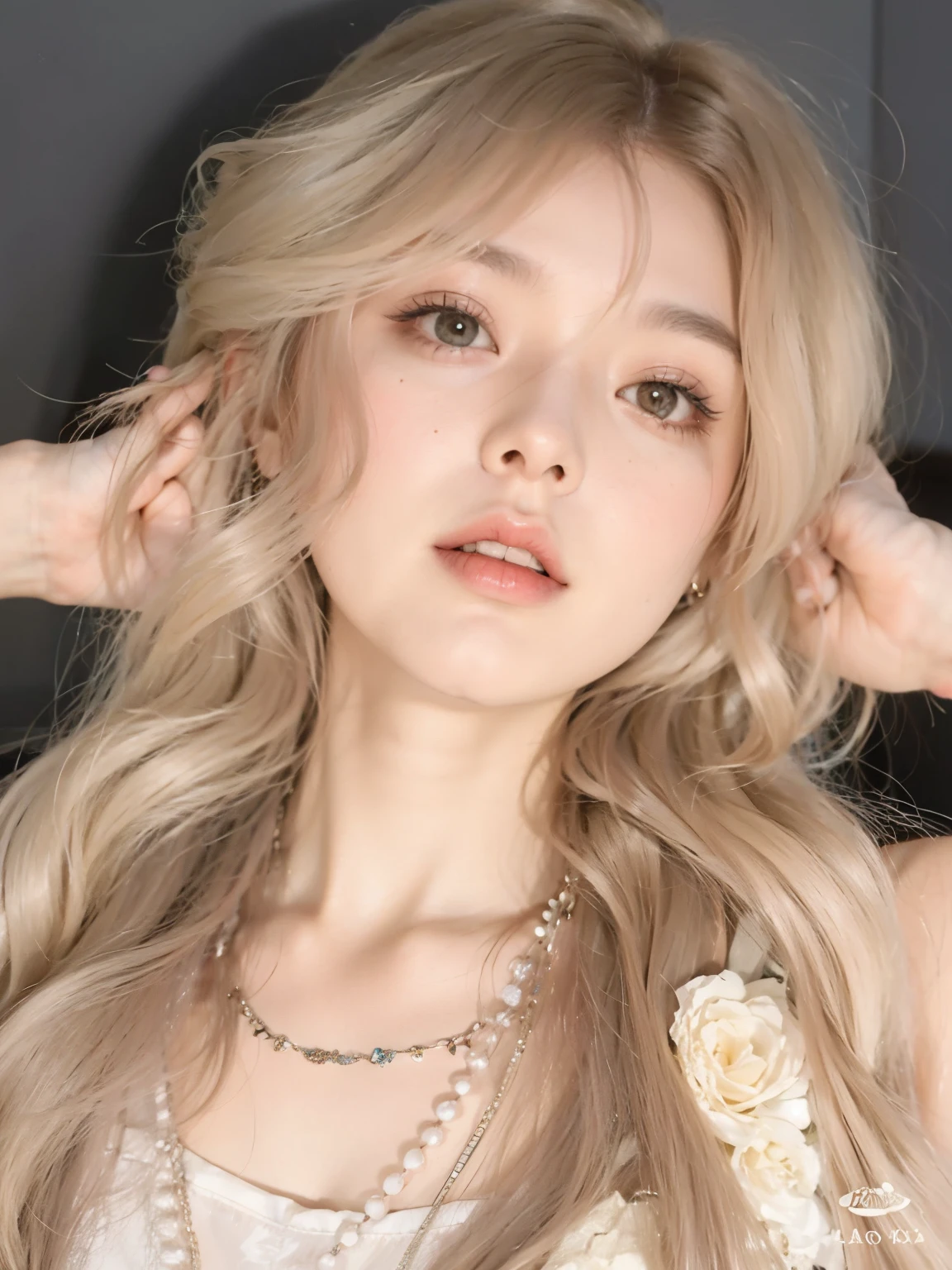 a close up of a woman with long hair and a necklace, Blackpink's Roseanne Park, Portrait of Blackpink Josh, cl, Larissa Manoval, Popular Korean Makeup, Larissa Manoban of Blackpink, Taejun Kim, Josh is Blackpink, Avamax, long blonde hair and big eyes, long blonde hair and big eyes
