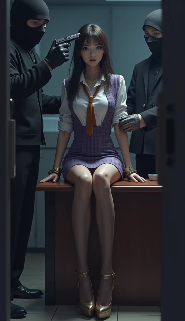 (masterpiece), best quality, expressive eyes, highres, anatomically correct, women , perfect hands, female, pale, messy hair, black hair, very long hair, black eyes, , perfect big breasts, perfect body , black hair, black eyes, bound,hourglass figure , thick thighs , bubble butt, wearing transparent skin color latex minidress, bondage, (arms behind back:1.4), bdsm, tape gag, wrap tape gag , tape bondage, restrained, , full body, taped thighs, taped legs, legs together, tape wrapped, wrap gag, 5 toes, black toe nails, Focus full body, tied ankles together,tied arms,