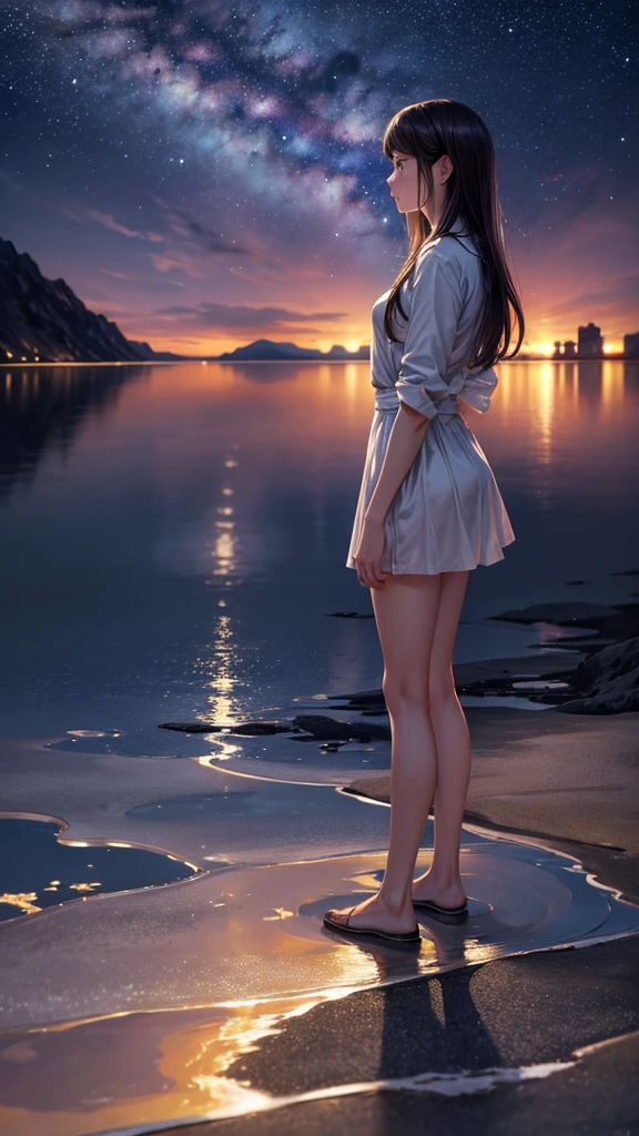 masterpiece，Highest quality，Realistic lighting，Ultra-high resolution，（realism，フォトrealism：1.48），night， women are，profile，Standing in the middle of a salt lake，The water surface is like a mirror，Reflecting the sky，Look at the sky。The Milky Way is in the sky。