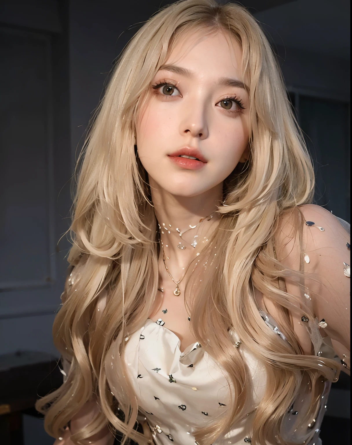 Blonde woman posing for a photo with long hair and white dress, girl with blonde hair, with long blonde hair, linda mulher sul-korean, Blackpink's Roseanne Park, long blonde hair and big eyes, White hime cut hairstyle, Beautiful skin curly hair blonde, with long white hair, Linda jovem korean, korean, Heonhwa Choi