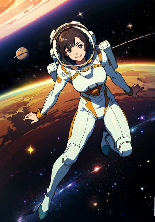 (((A woman doing a spacewalk in outer space))), (((20-year-oldの日本人女性))), Space Station, A boldly drawn illustration of a Japanese woman, as if drawn by a famous anime artist, (((Big hit illustration)), (8k, Highest quality). A stunning composition with outstanding proportions. Perfect beauty, ((Highest quality)), ((masterpiece)), ((Highest qualityのイラスト)), Beautiful woman,Super Resolution,Slim and perfectly proportioned, Beautiful woman, ((Highest quality質, 8k, masterpiece: 1.3)), Beautiful woman, 1 female, Slim figure: 1.1, Perfect beauty, 20-year-old, An artistic composition with space arranged around the woman, Full body photo, Anatomically correct hand, Anatomically correct legs, anatomically correct whole body, Cowboy Shot, (((smile))), thin, A screen composition that places space around the woman, Anatomically correct hand, Anatomically correct legs, anatomically correct whole body, Cowboy Shot, Nipples are protruding,, ((The background is the vast universe)), (((night))), (((Several planets are visible in the distance))), (((Spacewalking in a full-body spacesuit that hides your skin like you&#39;re swimming))), (((Breast size is slim))). (((Slim thighs))).