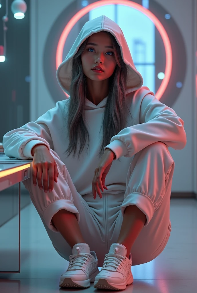 nsfw, masterpiece, Best Quality, hyper Realistic, A mysterious and sophisticated beautiful young gravure Japanese woman with blue eyes wears futuristic and sexy fashion art. sitting focus ass,, from below, Detailed clothing butt, woman is climbing at a wide angle, with her full body in frame. large Butt, sexy large breasts, slim waist, Cyber punk fashion, Her outfit includes white over sized nylon hoodie sweat, nothing shorts, adding a minimalist beauty. She accessorizes with futuristic accessories and technical sneakers. Deeply covered white baseball cap, Her demeanor exudes harmony and striking simplicity, accentuating her curves and digging sensuously into her skin, hyper small head and face, wide and big Duck mouth, half open mouth, perfectly aligned teeth, perfect beautiful wide teeth, Detailed eyes, light blue eyes, half open eyes, shiny Droopy eyes, gray hair, looking other, She is situated within the interior of a futuristic colony, with mist drifting and steam rising from concrete