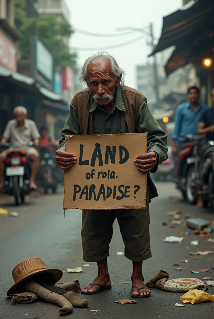 A indian men begging at street with placard he wants Bangladeshi visa