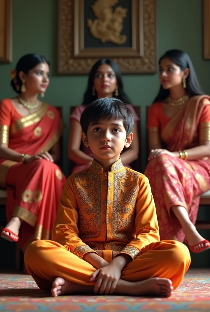 Boy with brown curls to his neck, He is watched by his entire family, He wears extravagant clothing and is very sexy 