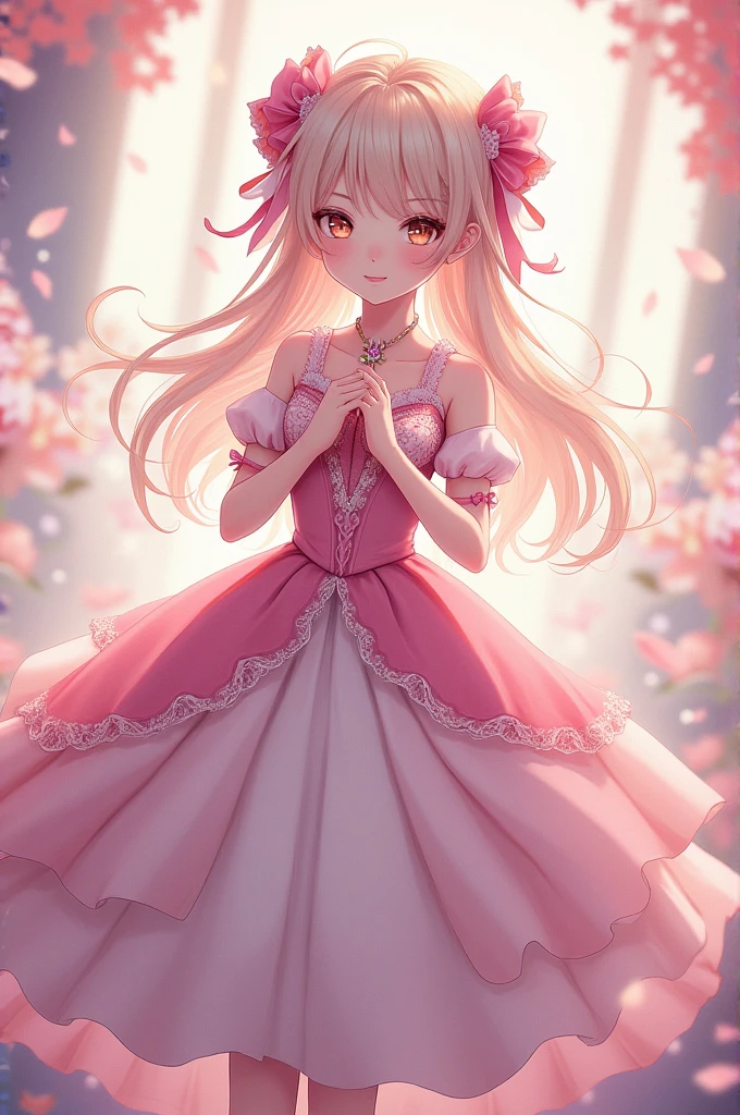 big breasts, big breasts, voluptuous breasts, A beautiful girl with long, blonde hair and bangs, wearing a pink fishtail dress adorned with white lace and ribbons at the chest, a petticoat with lace trim on the skirt, pink heels, rings, bracelets, and a floral hair decoration. The background features pink roses and light effects, creating an elegant and soft atmosphere,high quality, amount of drawing, pixiv illustration