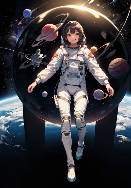 (((A woman doing a spacewalk in outer space))), (((20-year-oldの日本人女性))), Space Station, A boldly drawn illustration of a Japanese woman, as if drawn by a famous anime artist, (((Big hit illustration)), (8k, Highest quality). A stunning composition with outstanding proportions. Perfect beauty, ((Highest quality)), ((masterpiece)), ((Highest qualityのイラスト)), Beautiful woman,Super Resolution,Slim and perfectly proportioned, Beautiful woman, ((Highest quality質, 8k, masterpiece: 1.3)), Beautiful woman, 1 female, Slim figure: 1.1, Perfect beauty, 20-year-old, An artistic composition with space arranged around the woman, Full body photo, Anatomically correct hand, Anatomically correct legs, anatomically correct whole body, Cowboy Shot, (((smile))), thin, A screen composition that places space around the woman, Anatomically correct hand, Anatomically correct legs, anatomically correct whole body, Cowboy Shot, Nipples are protruding,, ((The background is the vast universe)), (((night))), (((Several planets are visible in the distance))), (((Spacewalking in a full-body spacesuit that hides your skin like you&#39;re swimming))), (((Breast size is slim))). (((Slim thighs))).