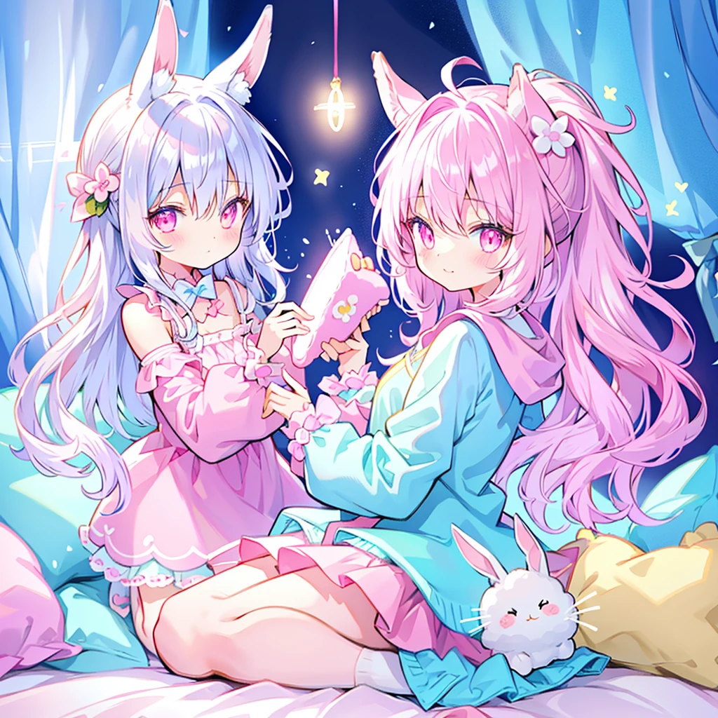 beautiful illustration, best quality, cute girl, bedroom, pastel color, fluffy bunny ears, , silver long hair, rabbit stuffed toy, bright lighting, light pink eyes